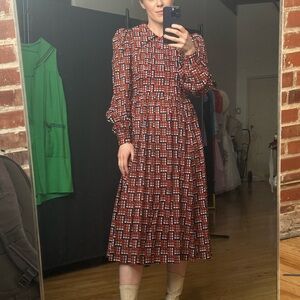 Women's Red Patterned Long Sleeve Midi Dress